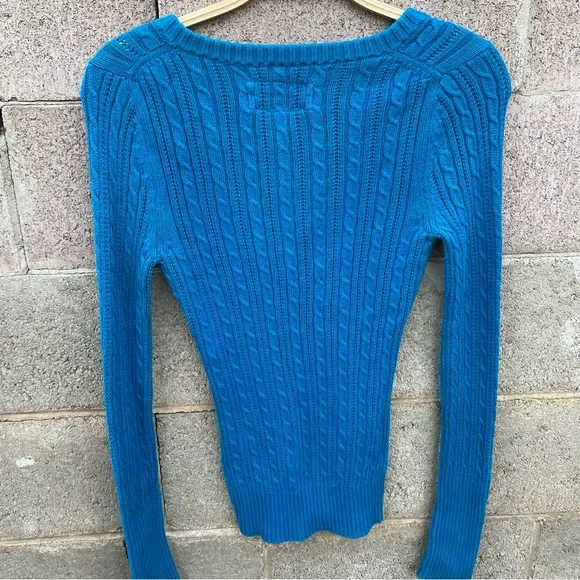 Y2K American Eagle Sweater Womens Medium Slim Blue Cable Knit Schoolgirl Preppy - Picture 4 of 5